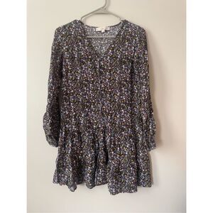 Loft Womens XS Black Long Sleeve Mini T Shirt Dress Ditsy Floral Pattern